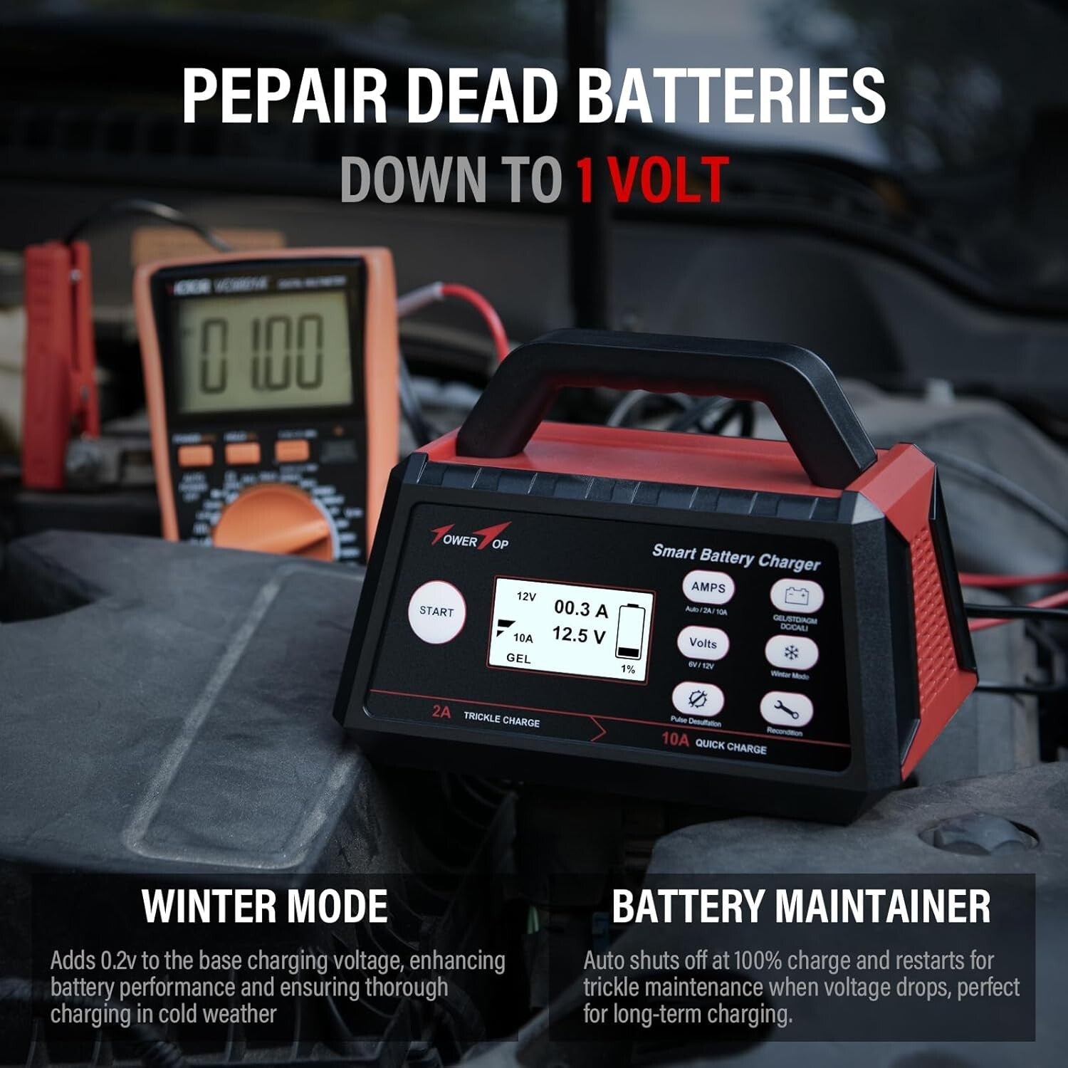 All-in-One Automatic Battery Charger with Repair Mode and Winter Functionality