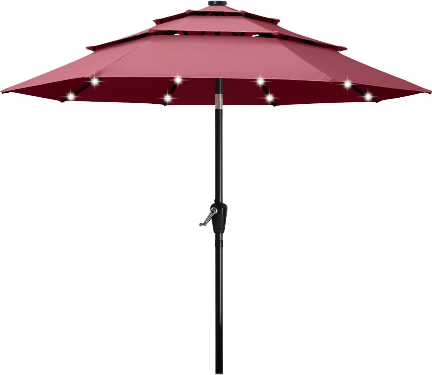 Stylish 3-Tier 11FT Burgandy Solar Light Patio Umbrella for Outdoor Shading