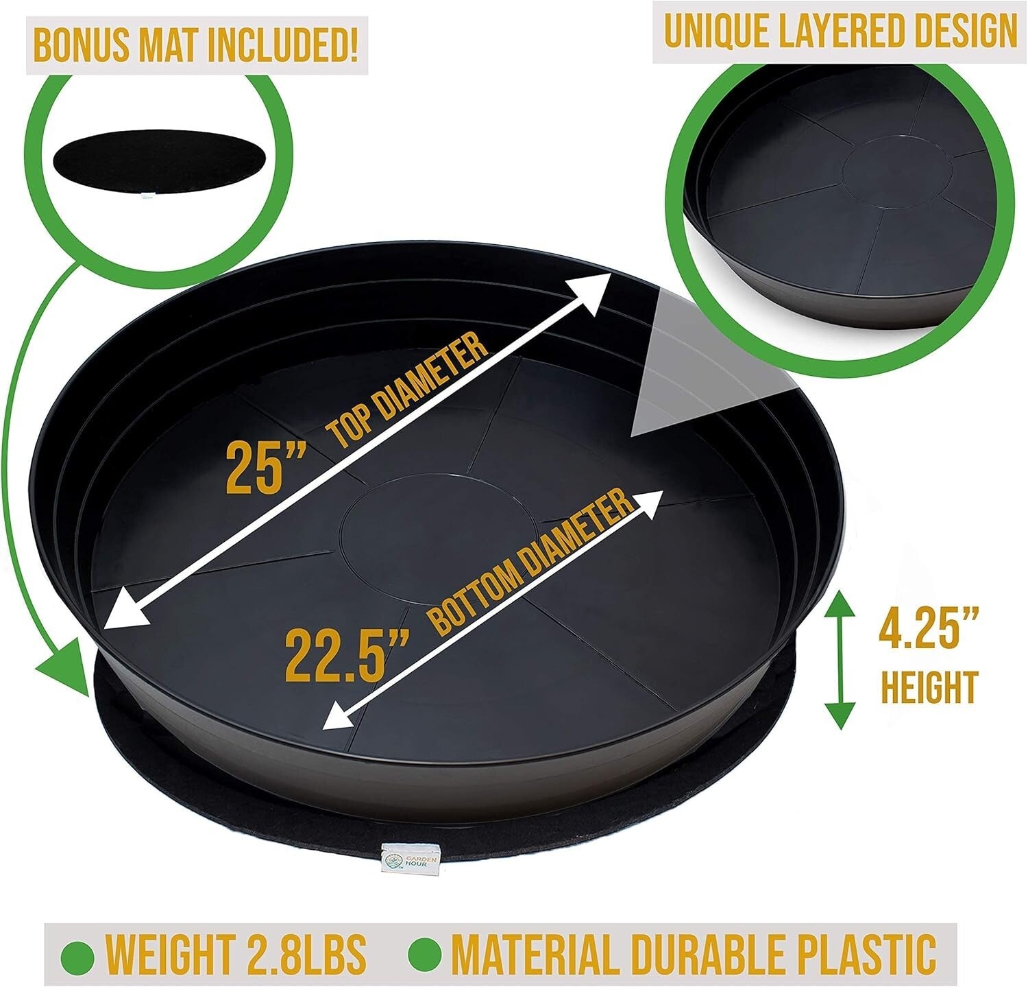 Stylish 25" Round Plant Tray with Deep Water Retention and Felt Protection
