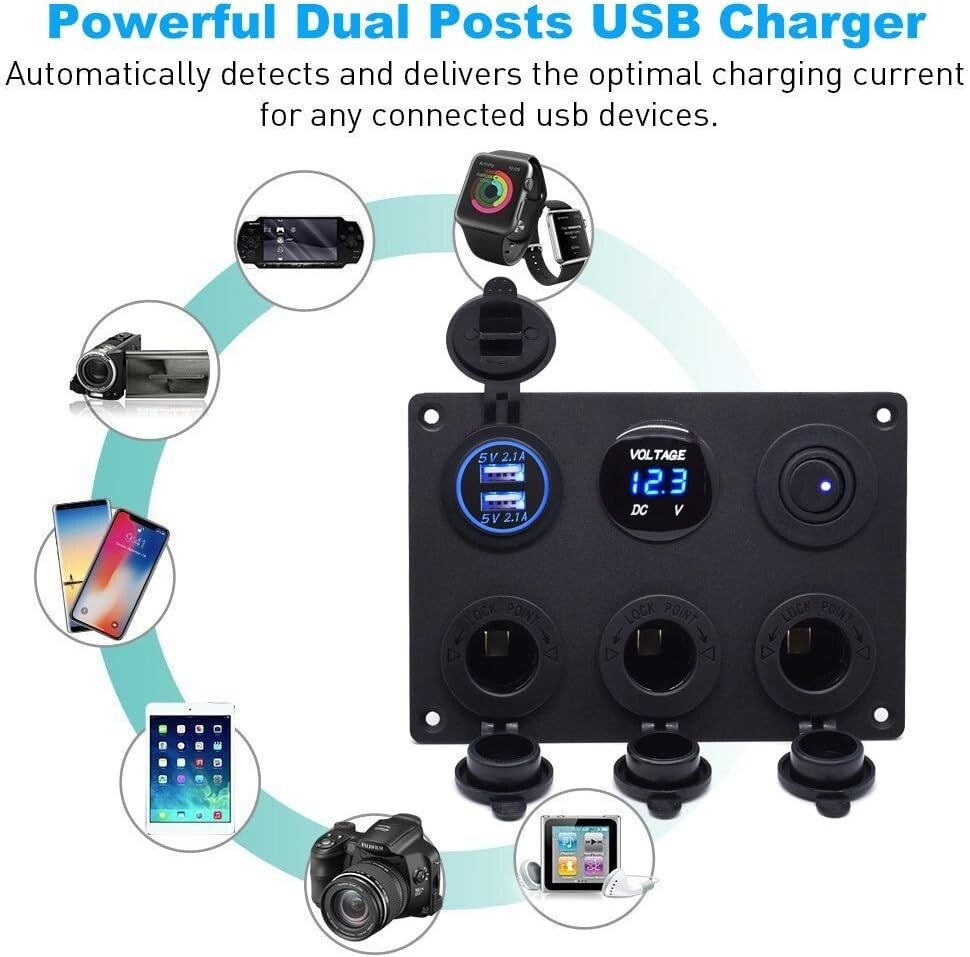 Multi-Function 12/24V Charger Panel with USB Ports & Toggle Switch for Vehicles