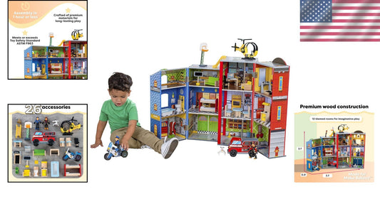 Everyday Heroes 3-Level Wooden Playset with Foldable Design & Firefighter's Pole