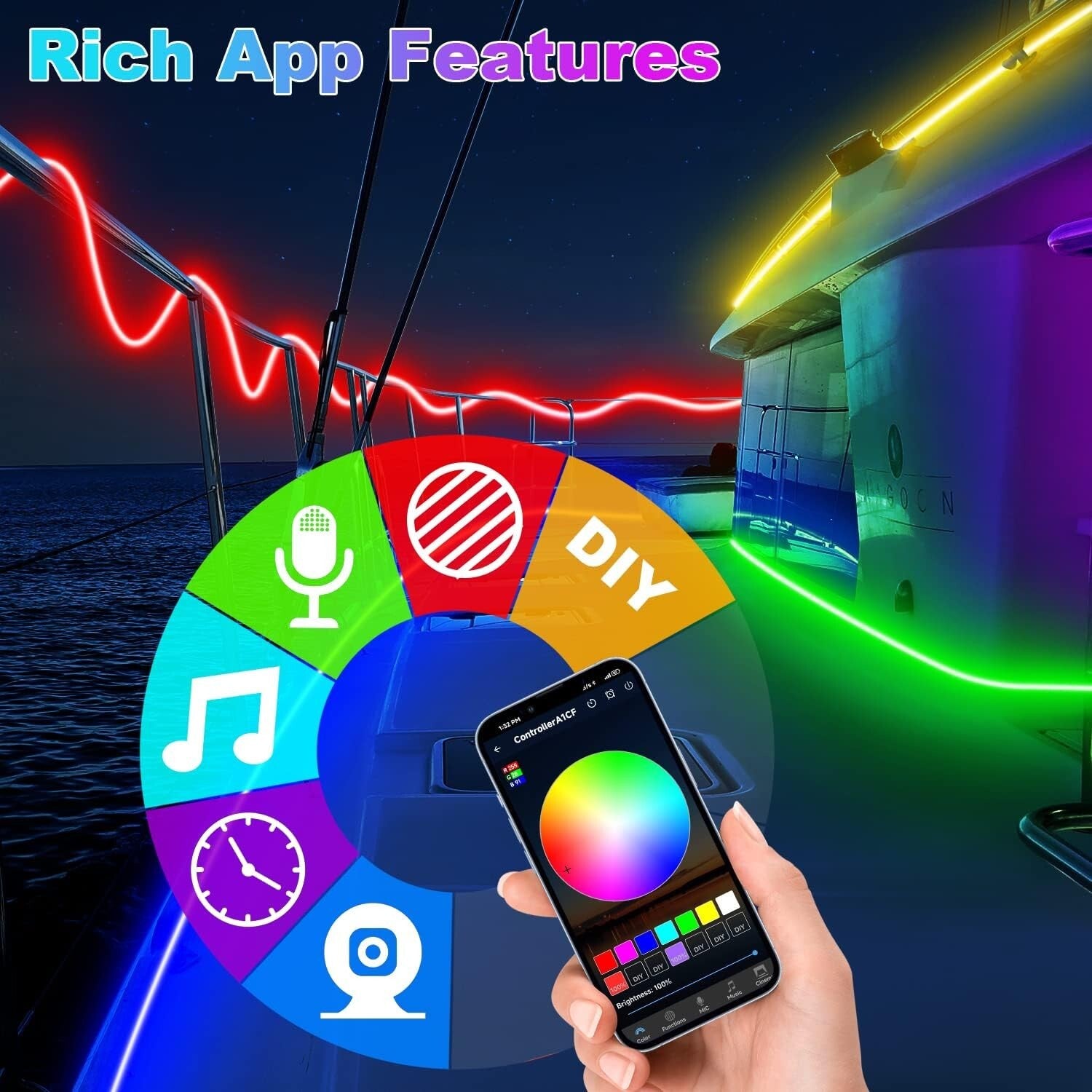 Customizable 50FT LED Strip Lights for Boats - IP67 Waterproof & App Controlled
