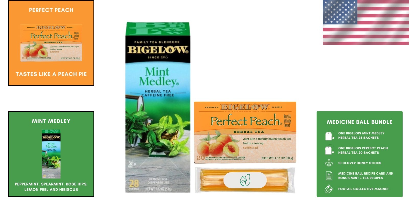 Bigelow Medicine Ball Cold Buster Tea Bundle: 28 Mint Medley & 20 Perfect Peach