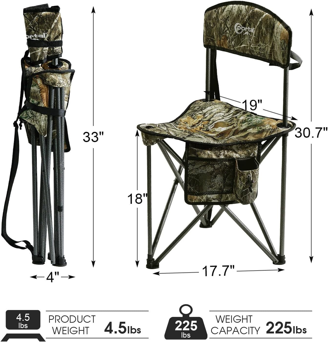 Lightweight Camo Tripod Stool with Backrest - Portable Camping Chair for 225 lbs