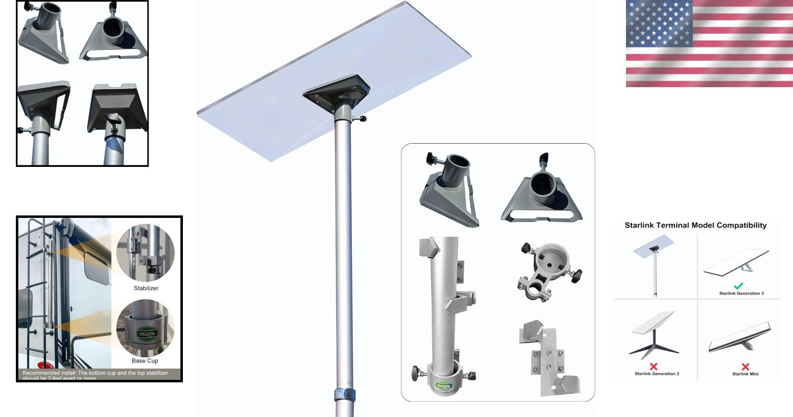 10FT Telescopic Aluminum Antenna Pole with Starlink Adapter & RV Mounting Kit