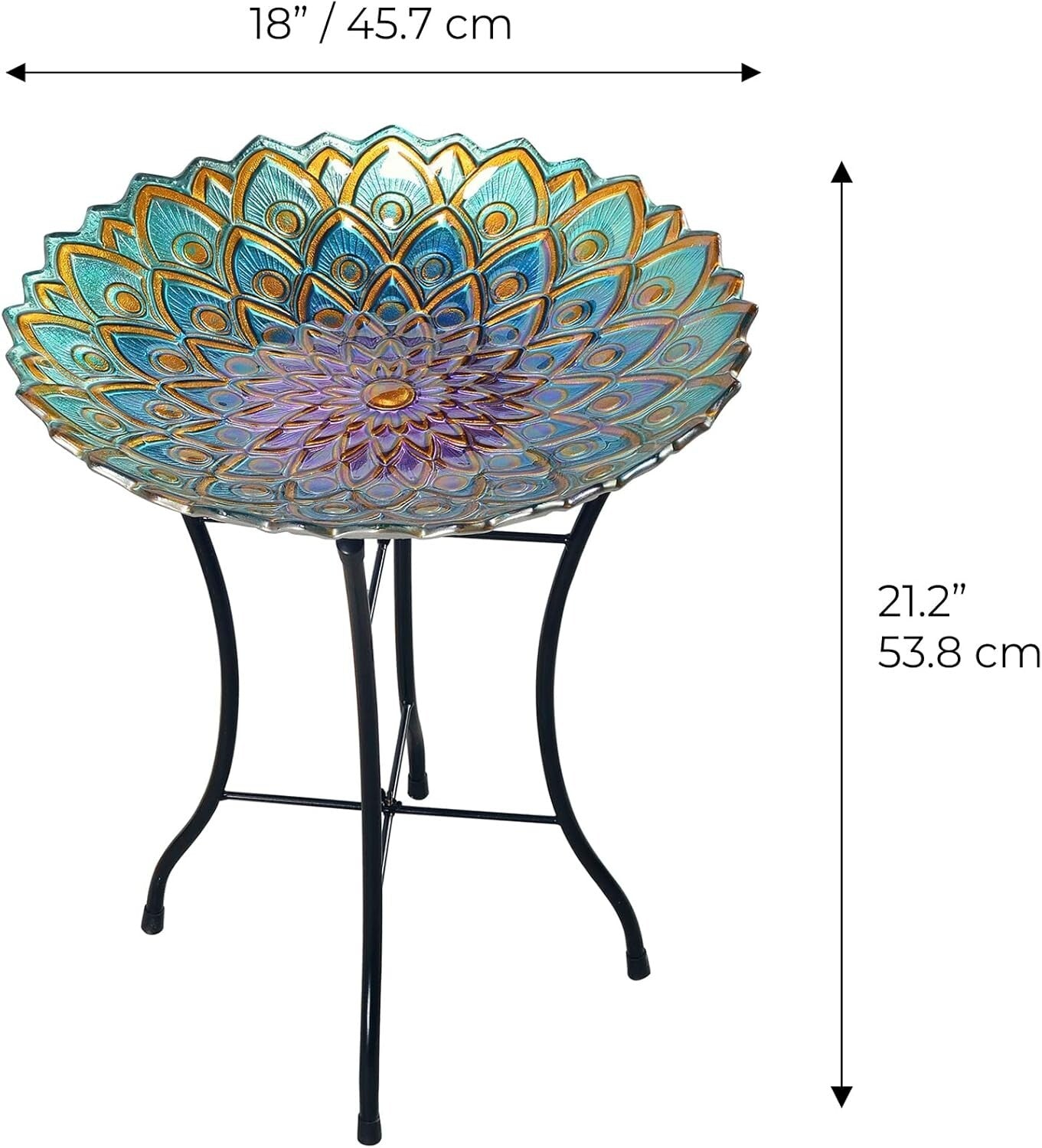 Sturdy 21" Handpainted Flower Glass Bird Bath with Folding Stand for Outdoor Use