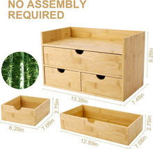 Load image into Gallery viewer, Elegant 3-Drawer Bamboo Desk Organizer with Shelf - Perfect for Makeup &amp; Office