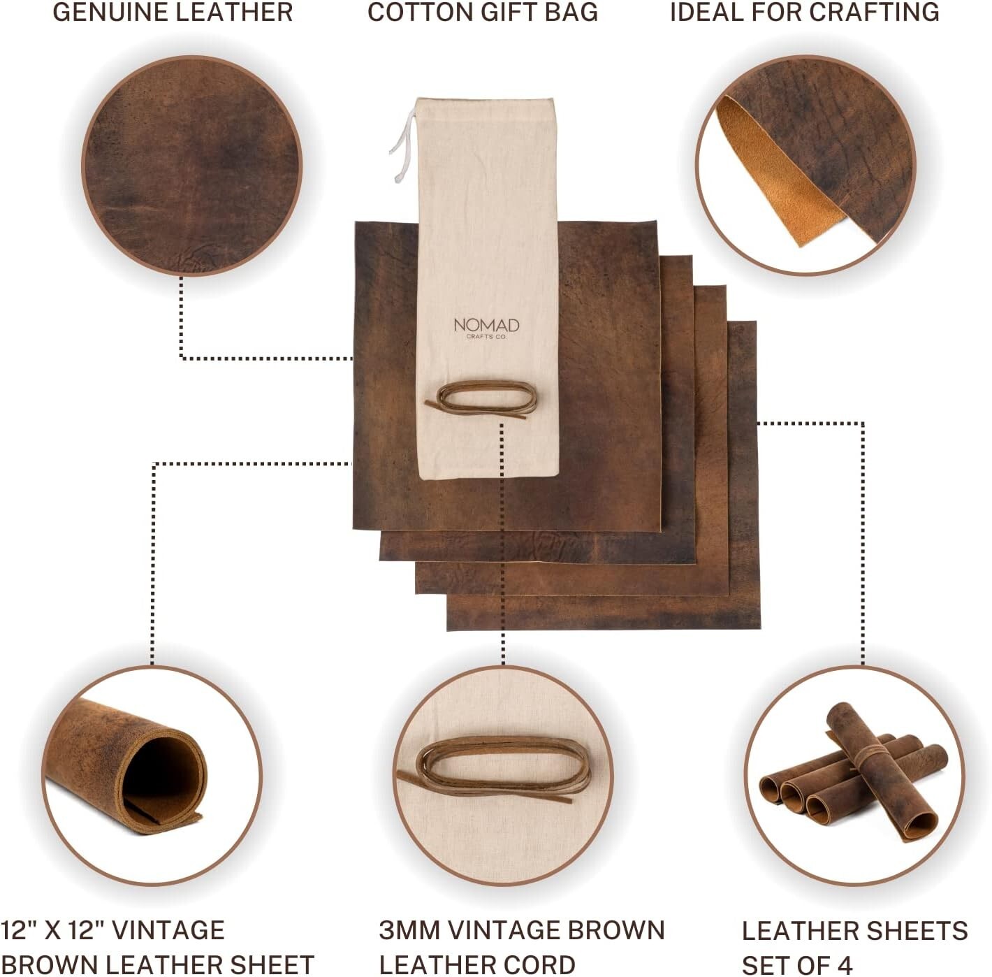 Soft Antique Brown Leather Crafting Sheets - Set of 4 Ideal for DIY Projects