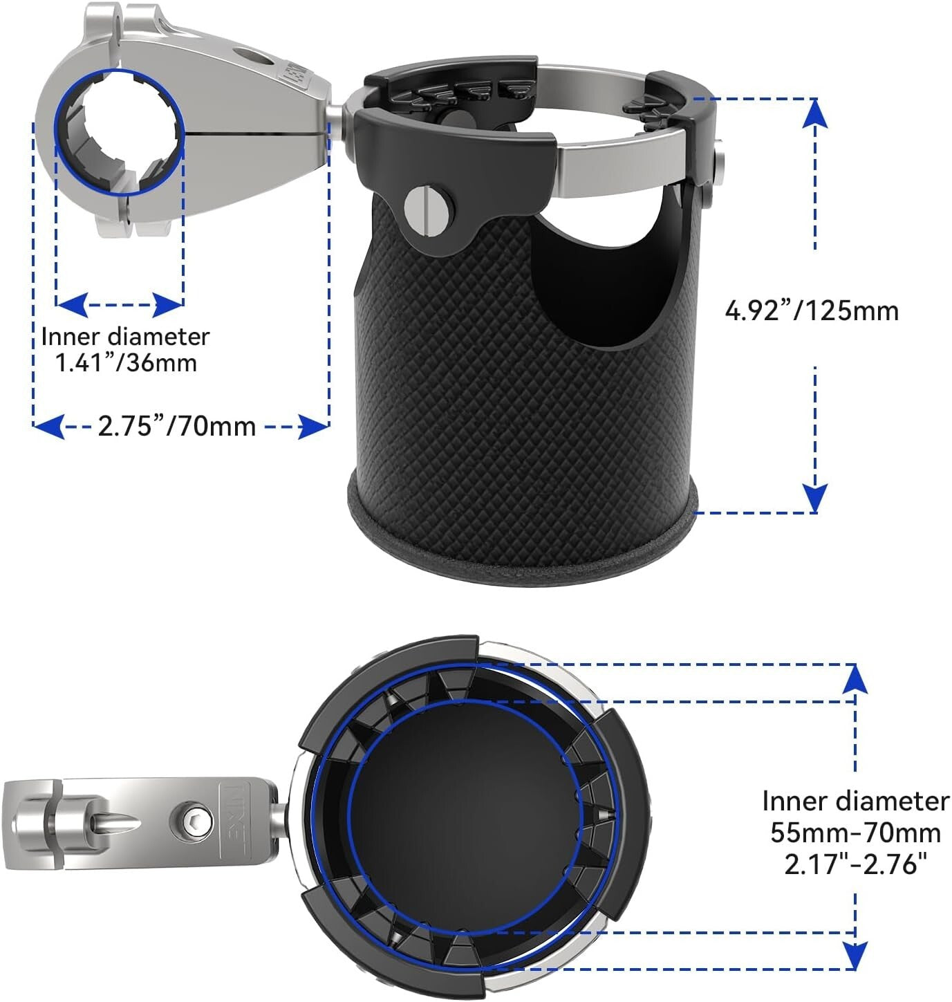 Durable 360° Swivel Motorcycle Cup Holder with Gear Basket - Fits 7/8" to 1 1/4"