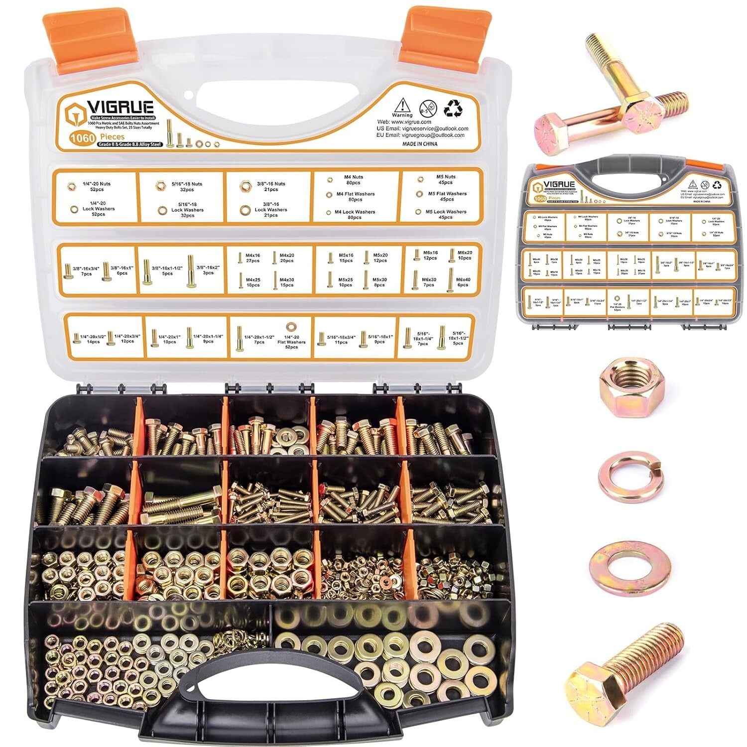 25 Size Hex Bolts Nuts Assortment Kit - 1060PCS Alloy Steel Fasteners Set
