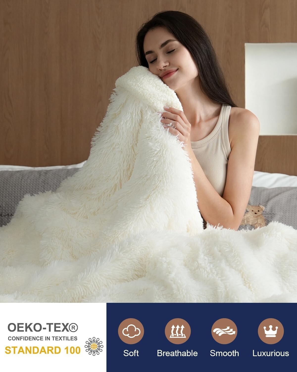 Luxurious Cream Faux Fur Throw - Reversible 60x80 Blanket for Year-Round Comfort
