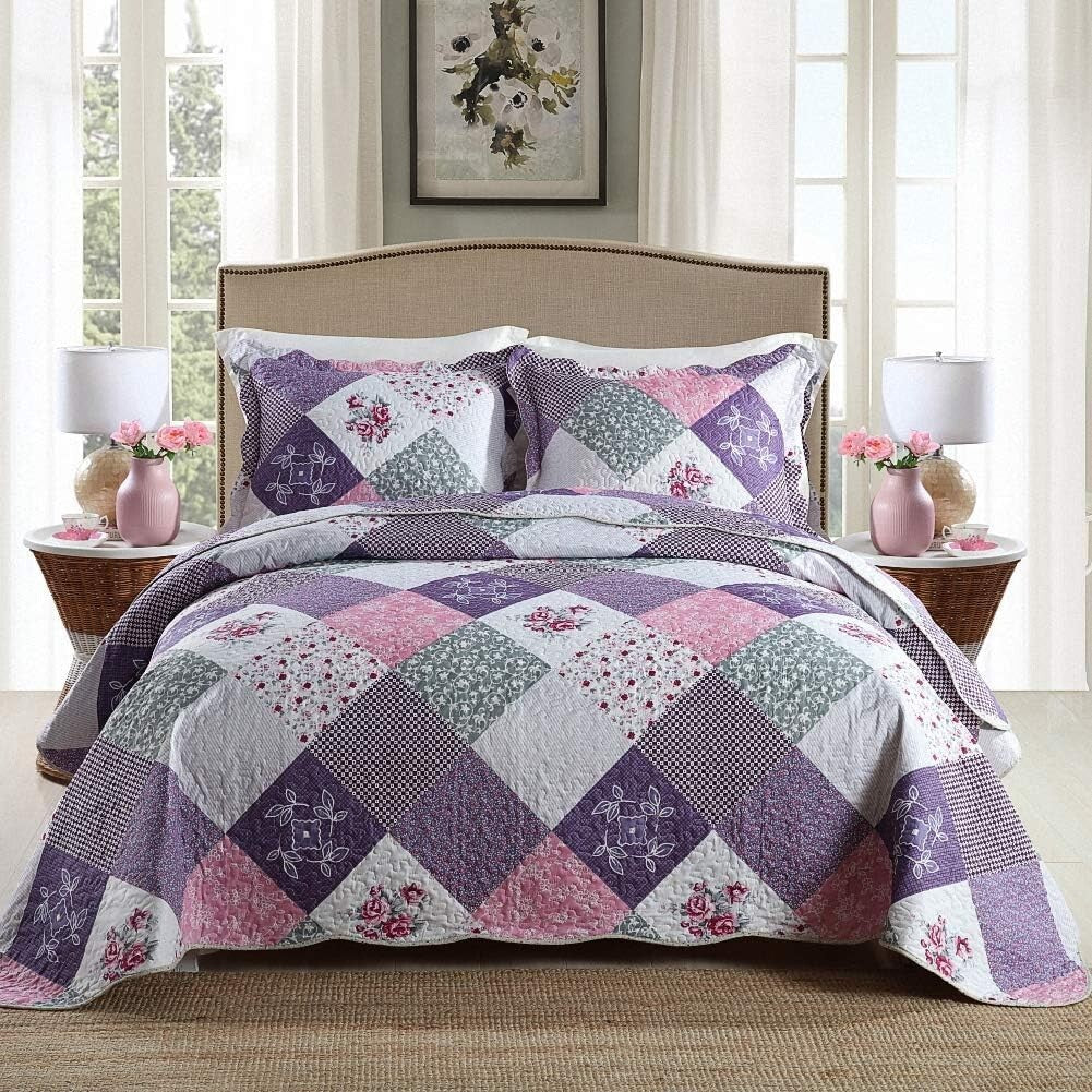 Soft Microfiber Queen Bedspread - Reversible Floral Patchwork Design, 3-Piece