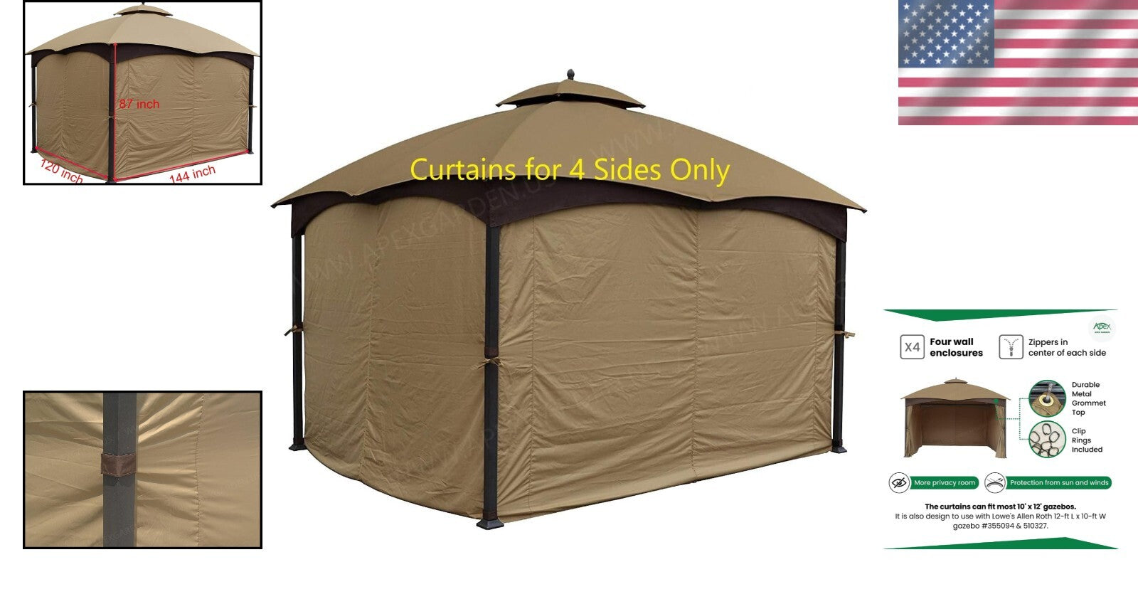 Beige 4-Sided Privacy Curtain Set for 10ft x 12ft Gazebo - Easy Installation