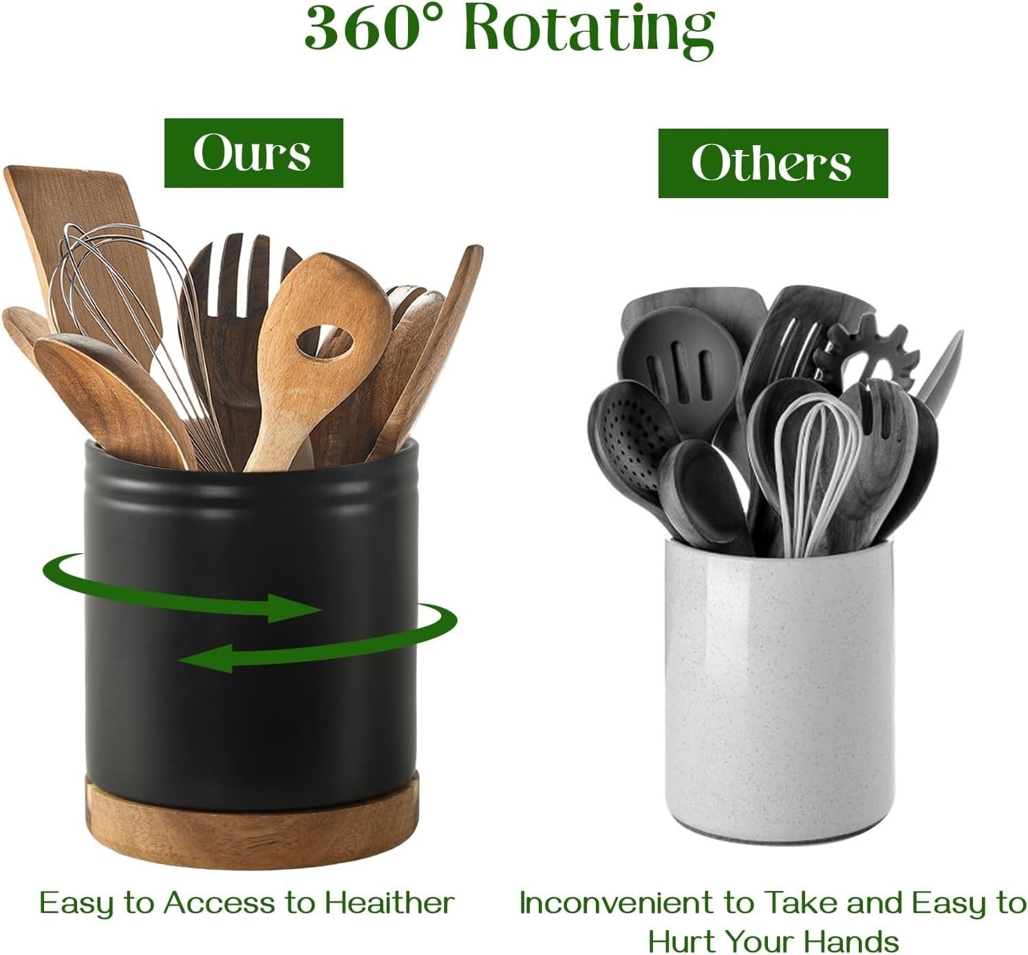Extra Large Kitchen Utensil Holder - 7.6" Rotating Ceramic Crock in Black