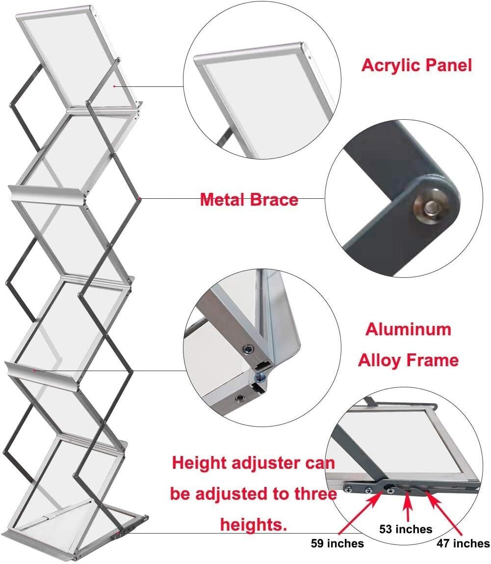 Lightweight A4 Aluminum Magazine Rack - Freestanding 6 Pocket Display Stand
