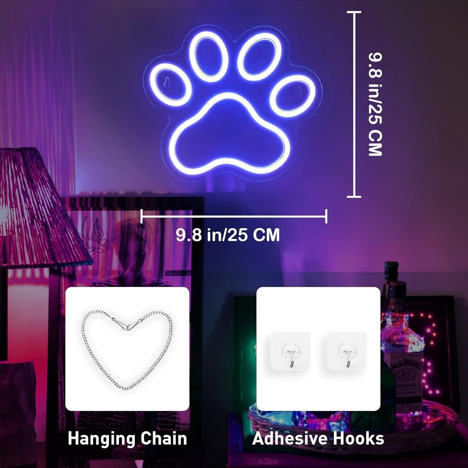 9.8 x 9.8 Inch Blue Dog Paw Neon Sign - Wall Mount with Dimmable Feature