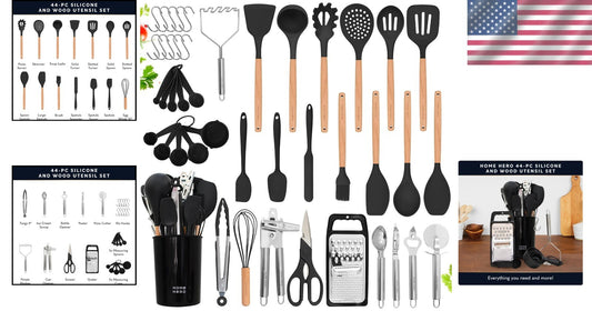 Premium Silicone Cooking Utensils Set - 44 Pieces with Elegant Beechwood Handles