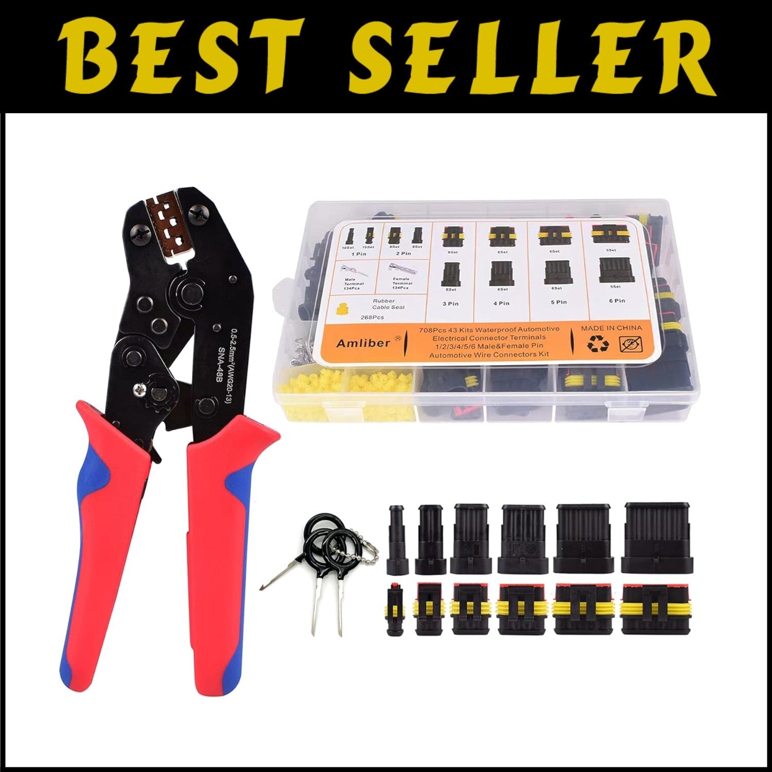 Complete 43-Kit Automotive Connector Set with Ratcheting Wire Crimping Tool