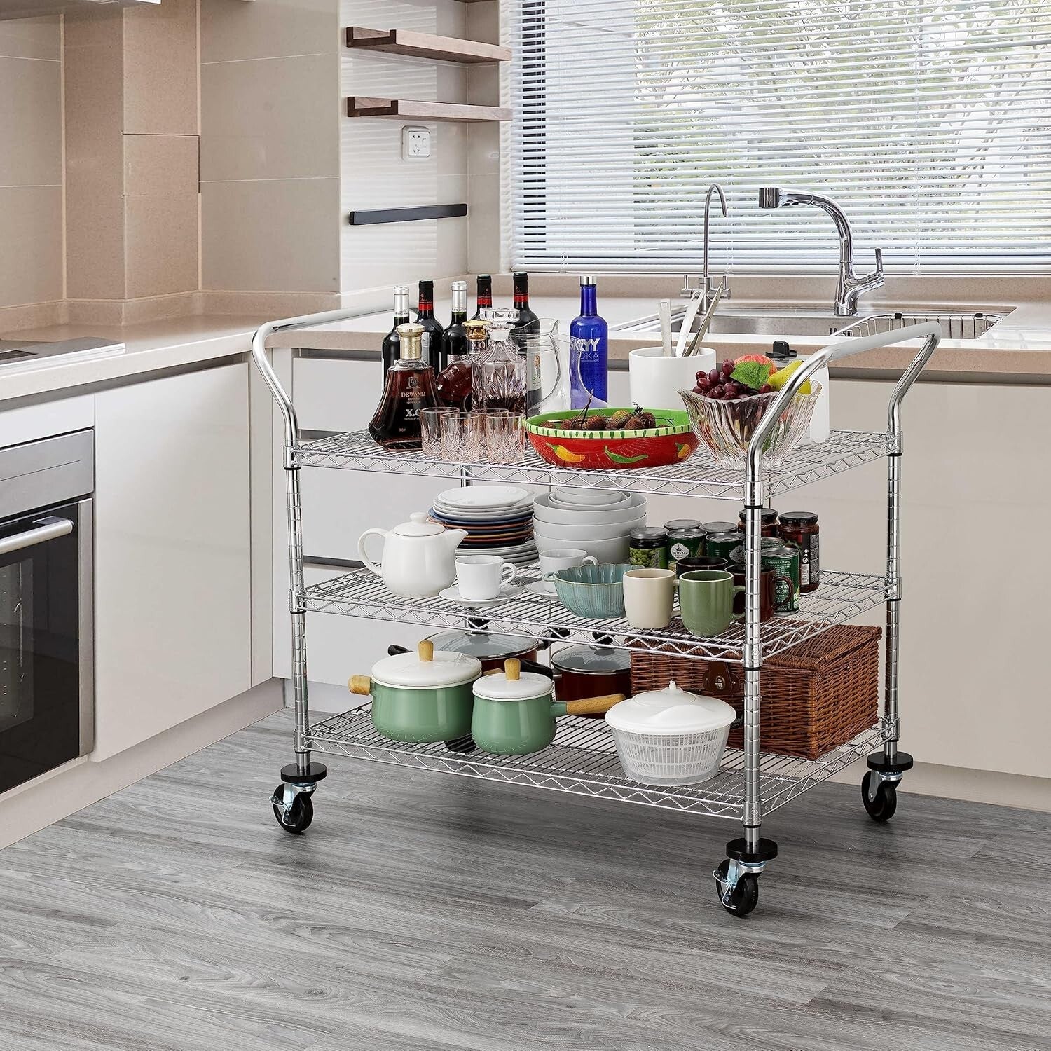 Commercial Grade Heavy Duty 3-Tier Utility Cart with Ergonomic Handles & Wheels