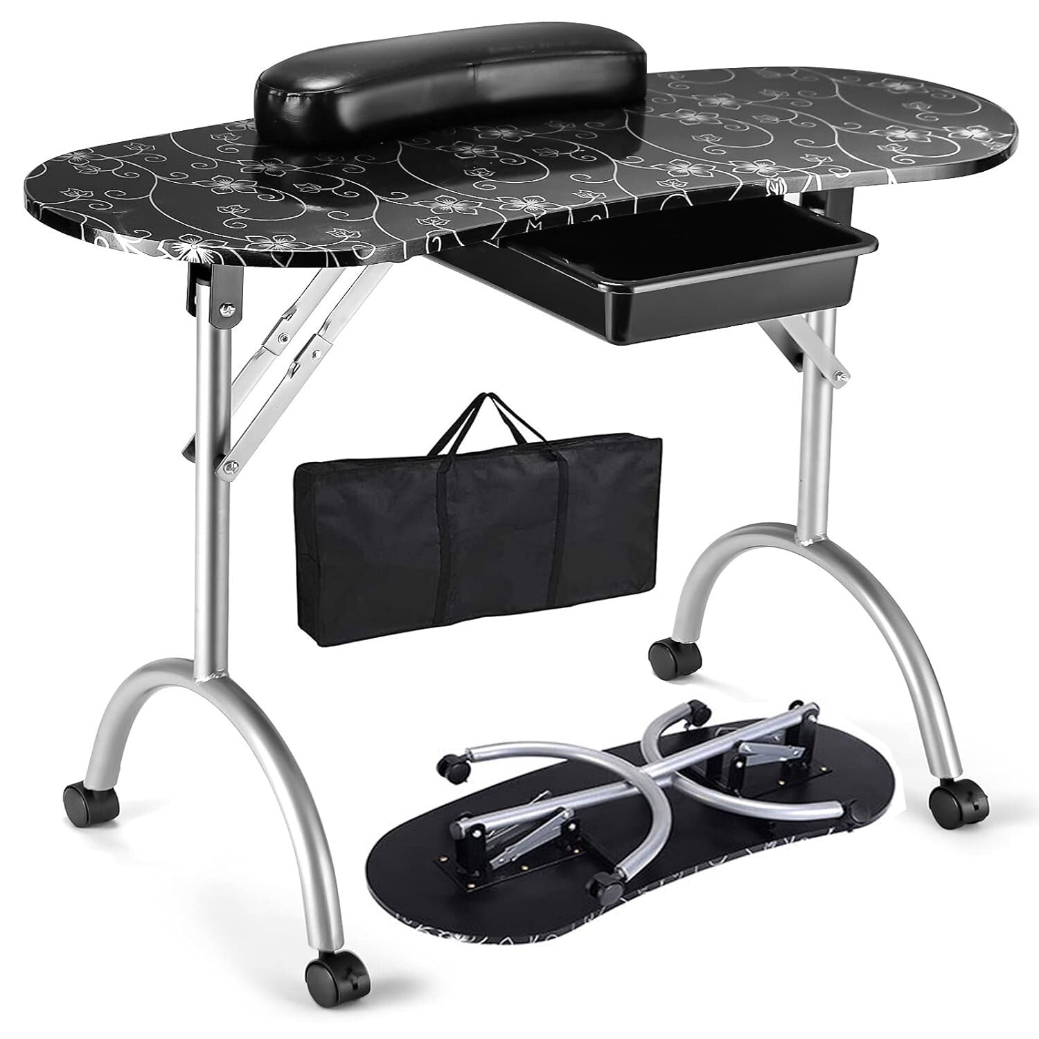 Foldable Portable Manicure Table with Large Drawer & Lockable Casters, Black