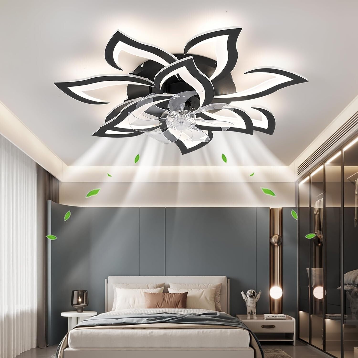 32-Inch Black Flower Ceiling Fan with Remote & Light - Ideal for Modern Homes