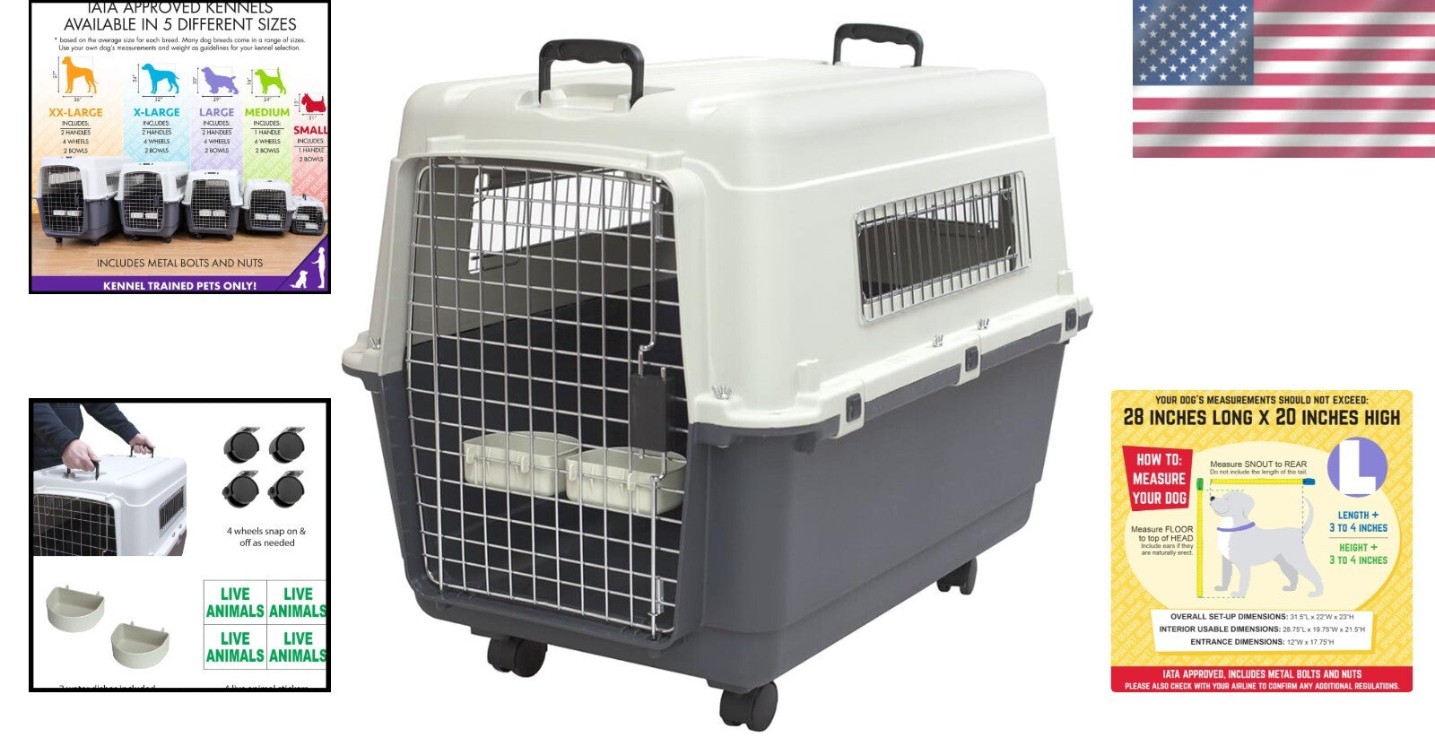 Durable Large Gray Dog Crate with Wheels - IATA Approved Travel Kennel