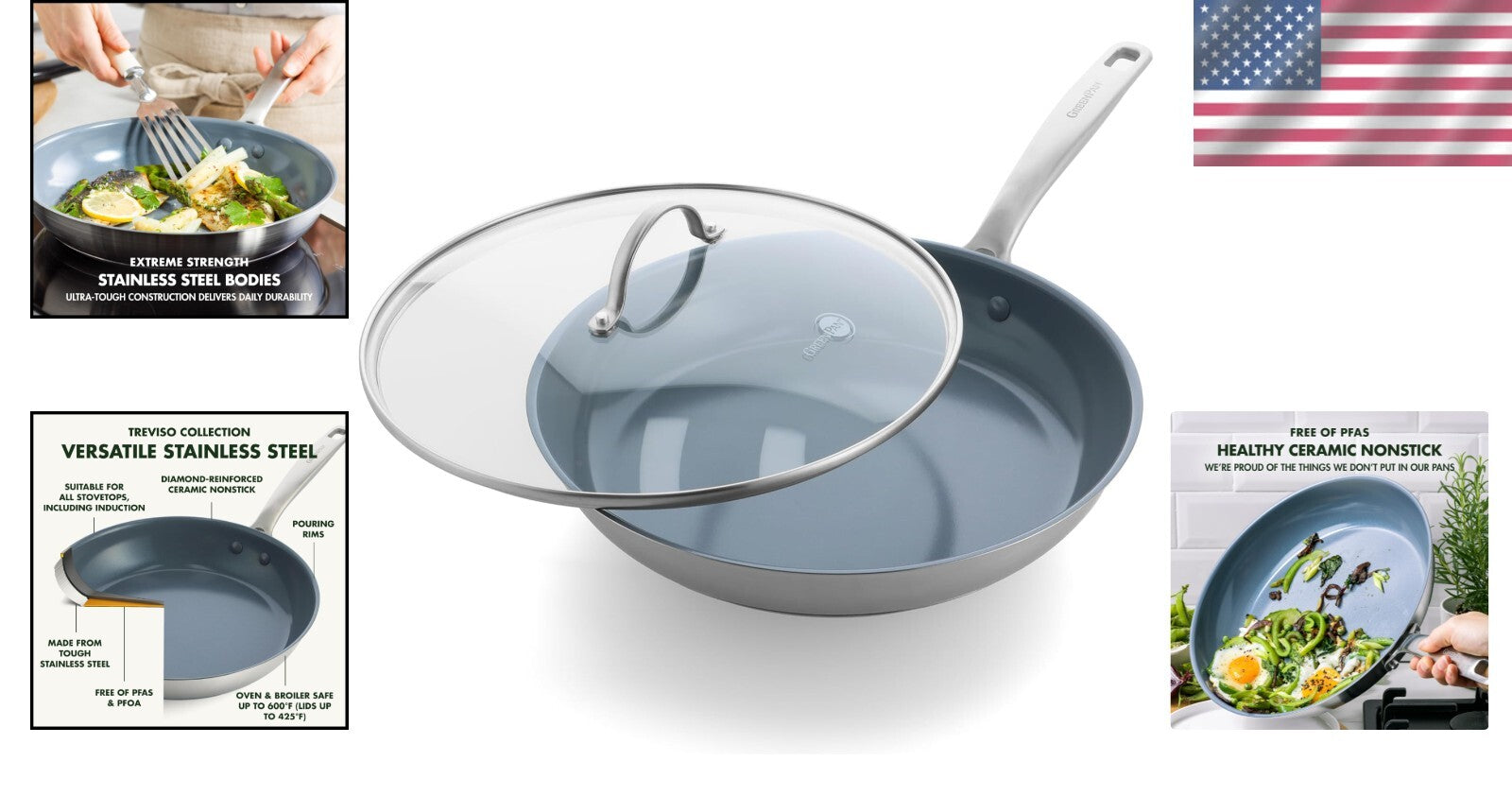 12" Treviso Stainless Steel Nonstick Frying Pan with Lid - PFAS-Free & Durable