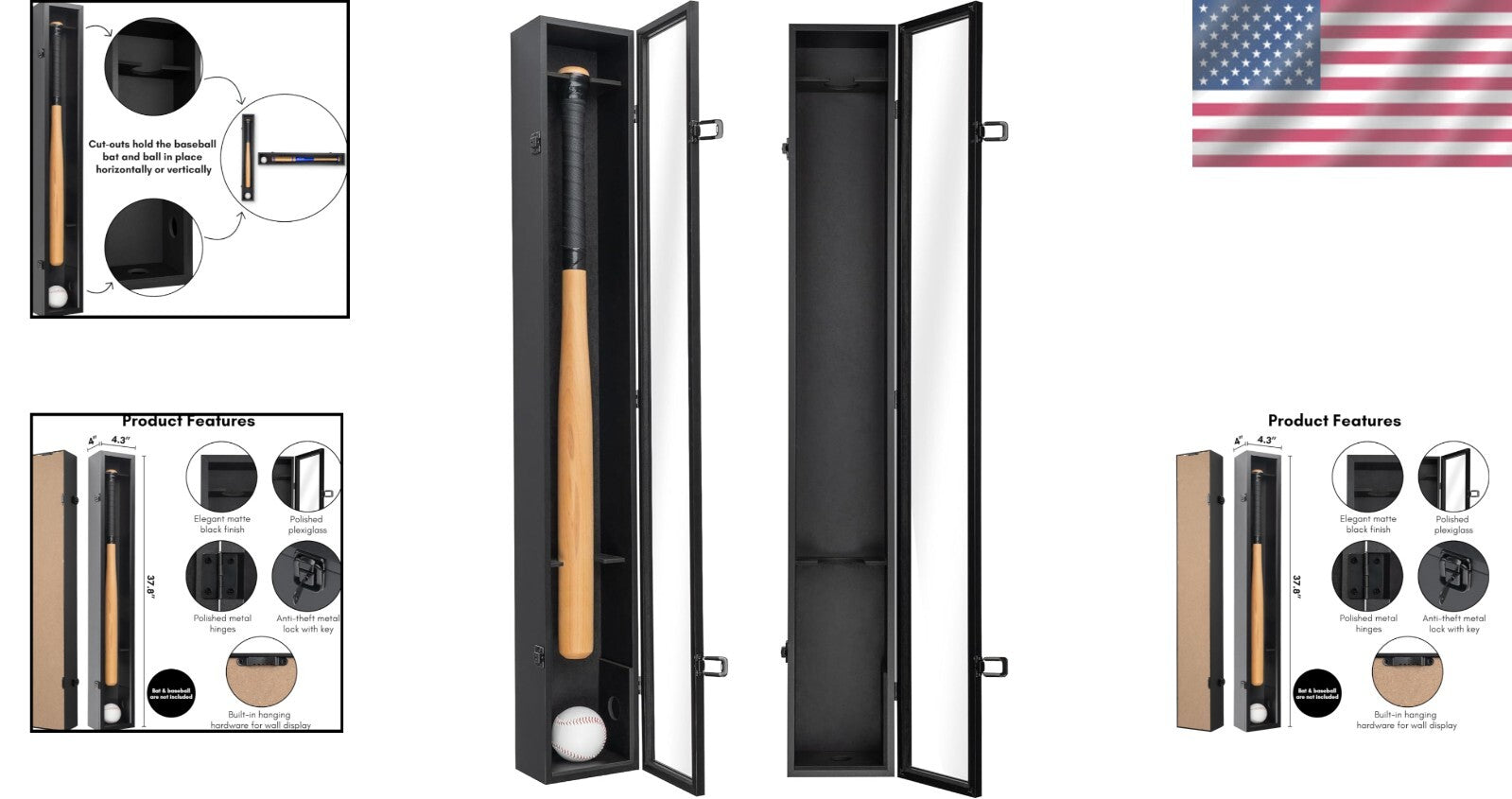 Durable Black Baseball Bat and Ball Display Case - 37.8x4.3 Inches Wall Frame