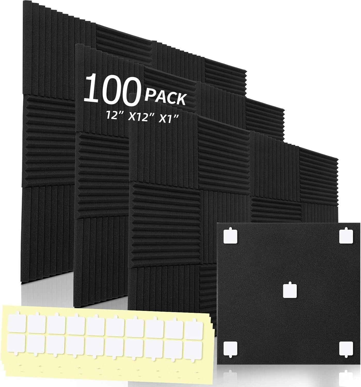 Flexible Installation Acoustic Foam Panels - 100 Pack, Adhesive Backing Included