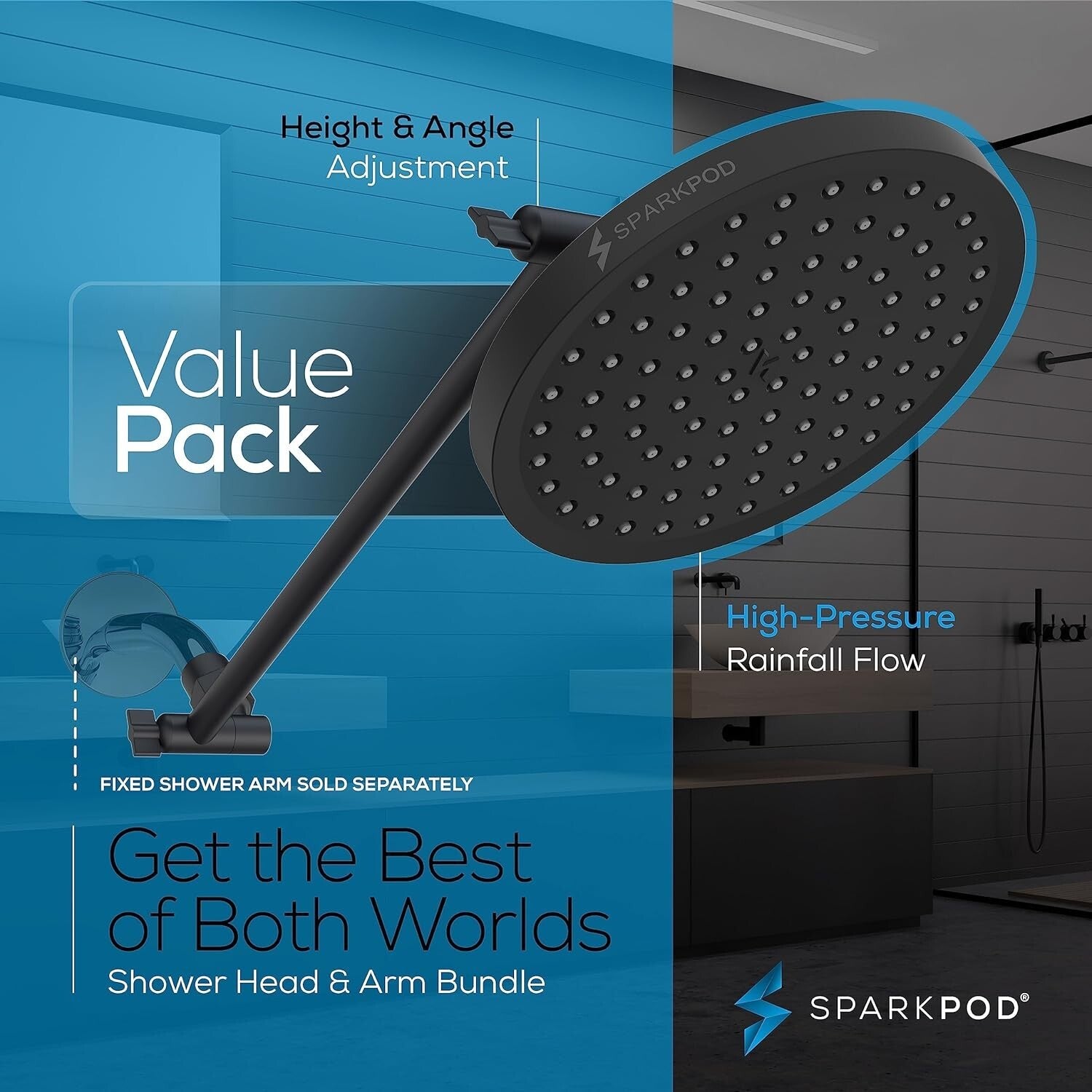 Brushed Matte 8" Rain Shower Head with Rotating Extension Arm - Easy Install