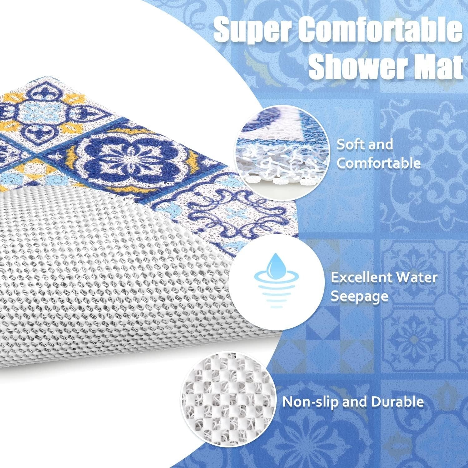 36x36 Non-Slip Shower Mat with Drainage Holes - Luxurious Moroccan Tile Design
