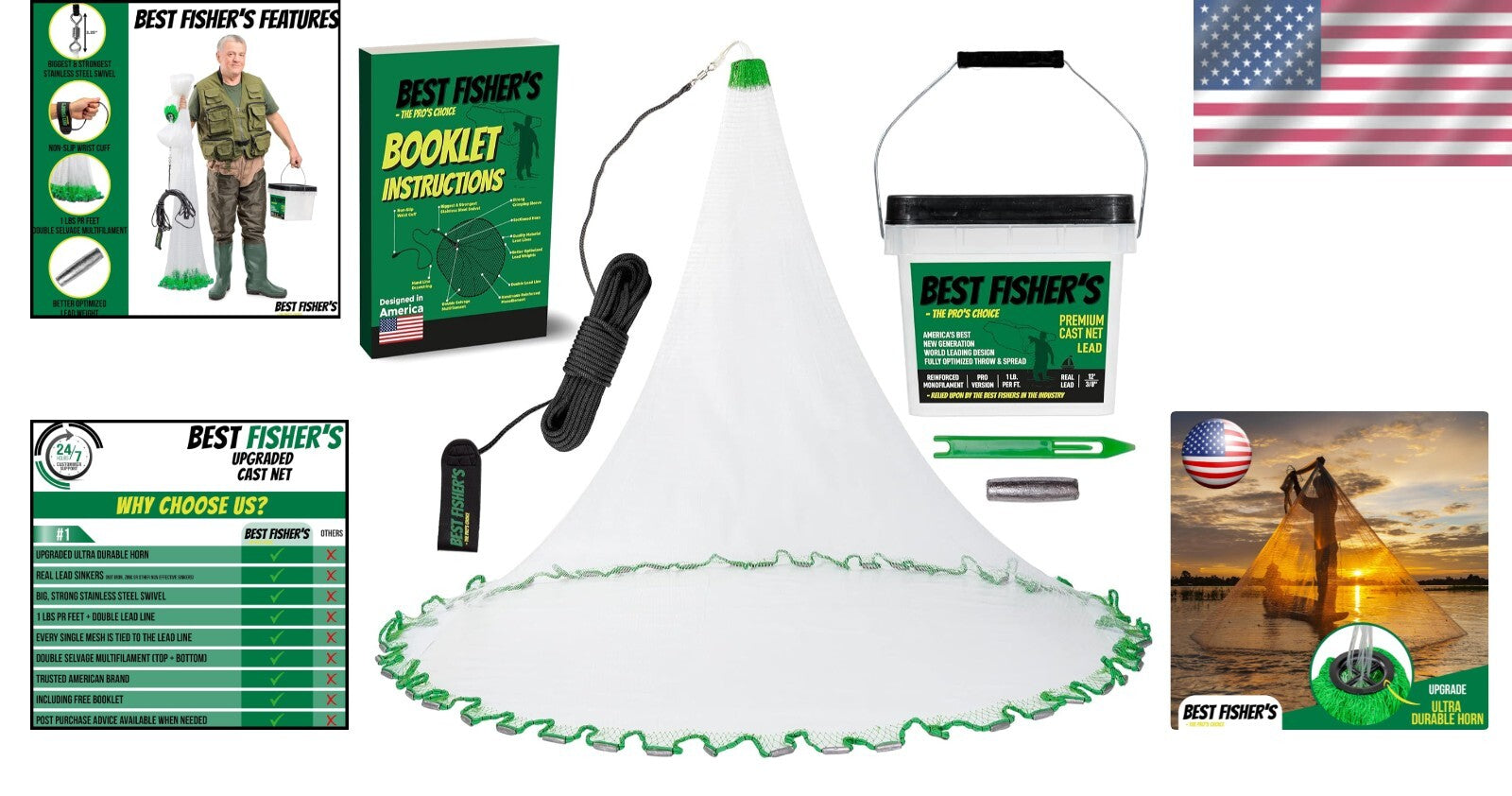 All-in-One Fishing Cast Net with Repair Kit - Sizes from 4ft to 12ft Available