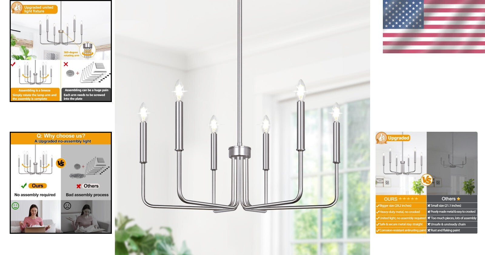 Adjustable Height 6-Light Brushed Nickel Chandelier - Modern Farmhouse Style