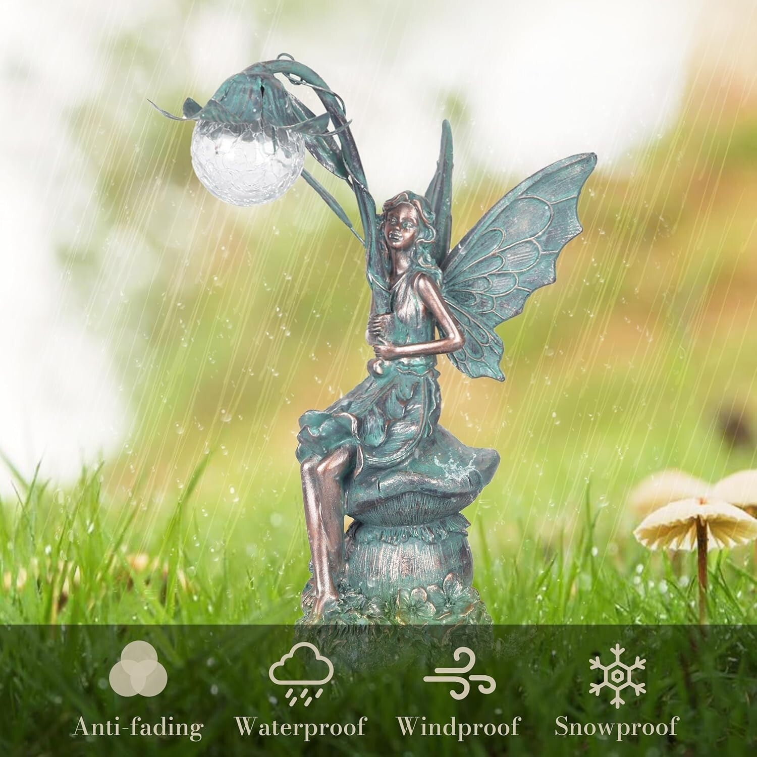 Enchanting Patina Bronze Fairy with Solar Glow Light – Decorative Garden Gift