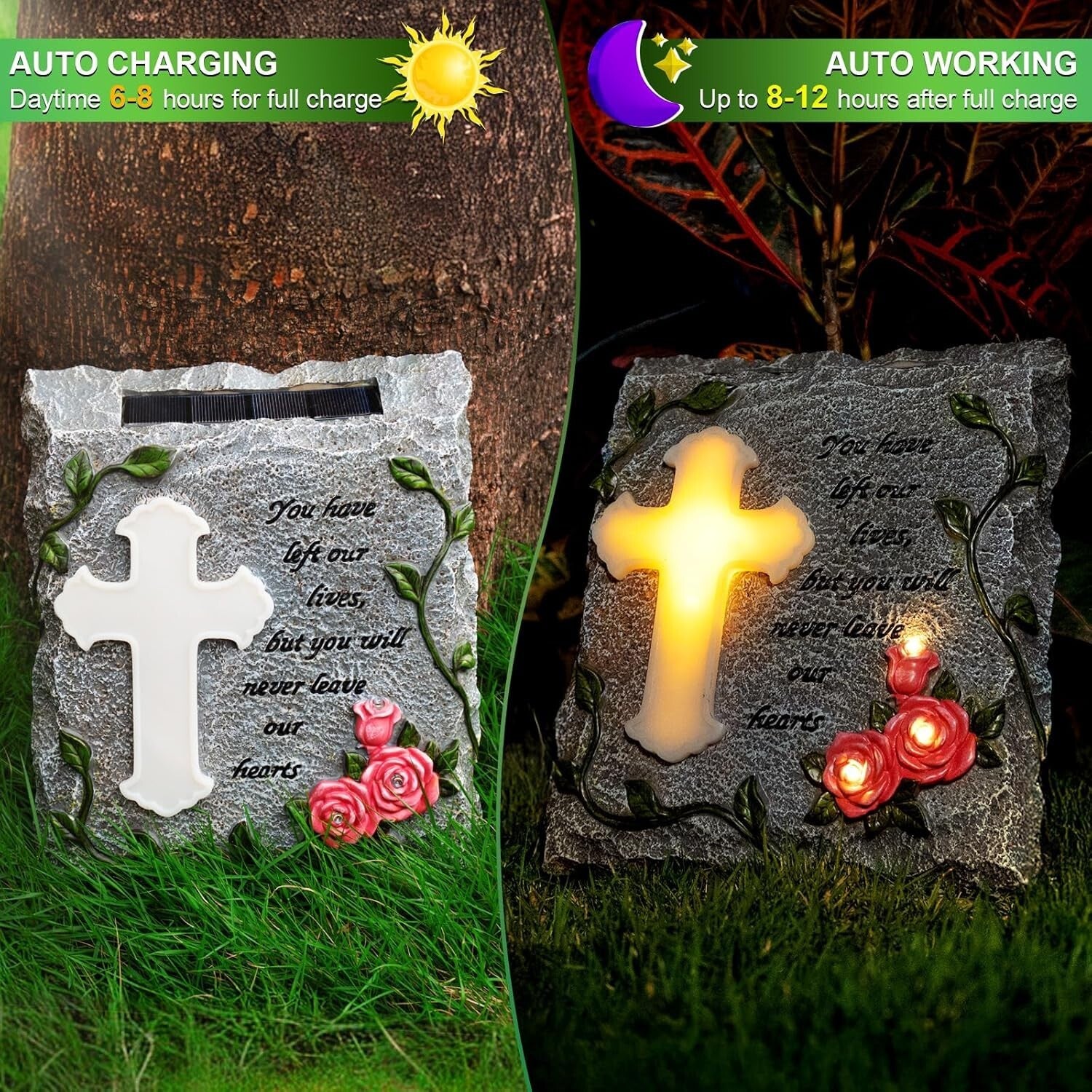 Elegant Solar-Powered Memorial Stepping Stone with Cross and Floral Carvings