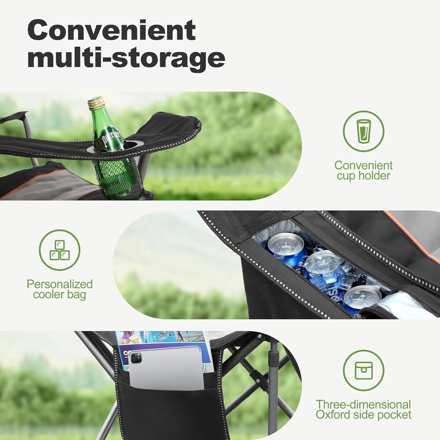 Ergonomic Padded Folding Camping Chair with Cooler & Cup Holder - Twin Pack