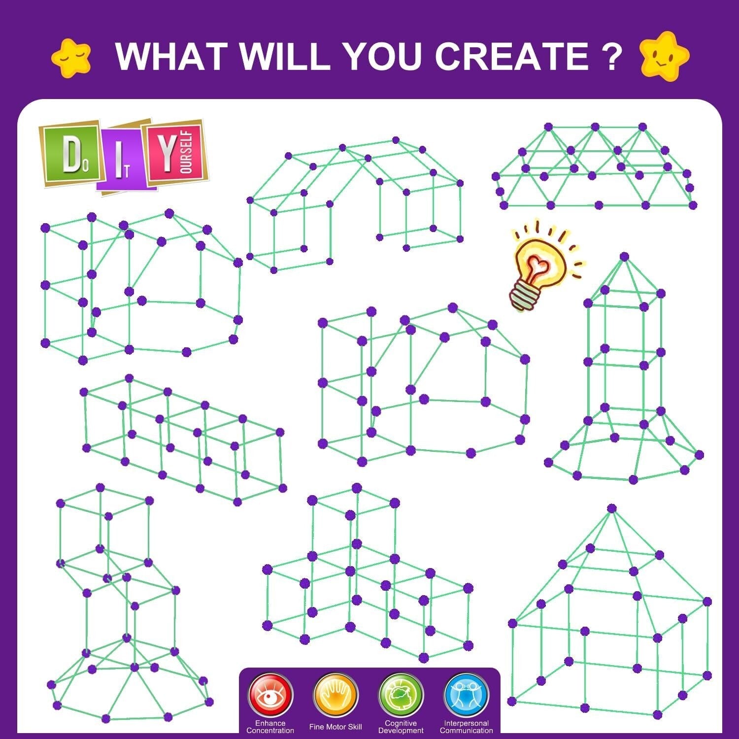 Versatile 140 Pcs Glow Fort Building Set - Encourages STEM Skills & Imagination