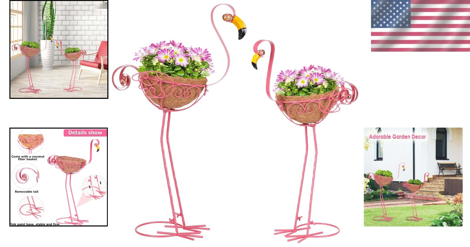 Adorable Pink Flamingo Planters - Set of 2 with Easy Assembly & Coconut Baskets