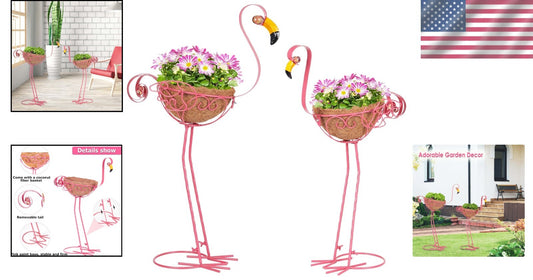 Adorable Pink Flamingo Planters - Set of 2 with Easy Assembly & Coconut Baskets