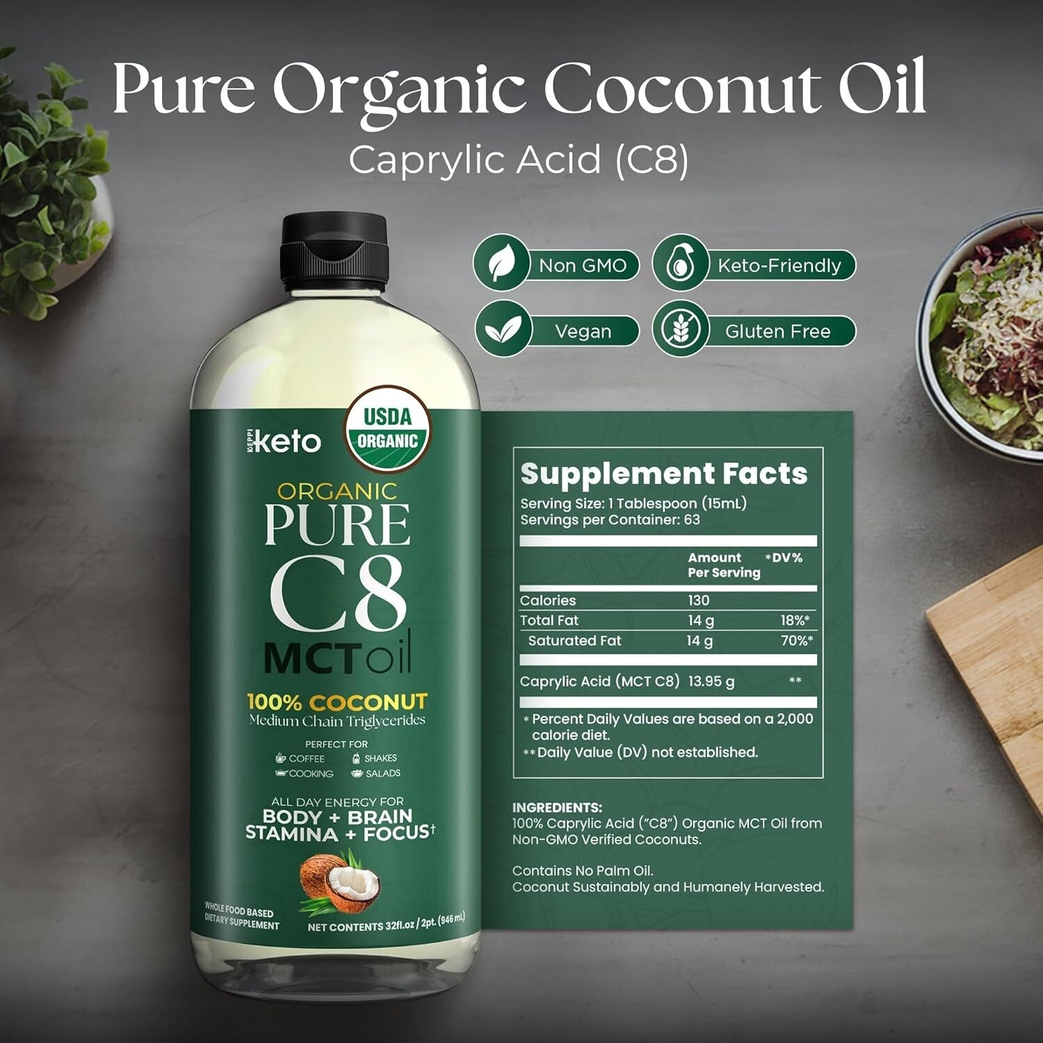 32 Oz Pure Coconut MCT Oil - Keto-Friendly, Palm Oil Free, Clean Fat Source