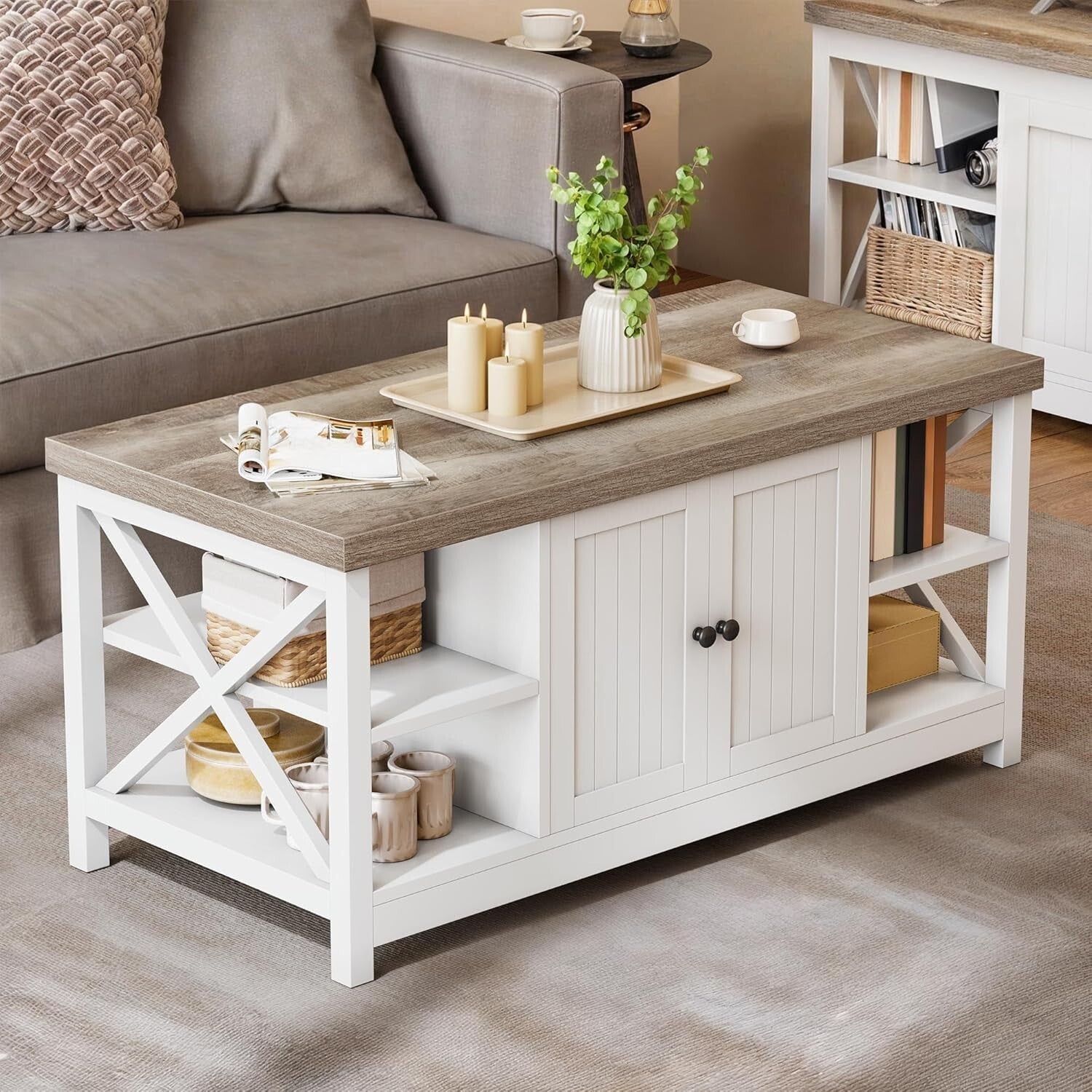 Farmhouse-Modern Coffee Table with Storage Cabinet and Easy Assembly - 39-inch