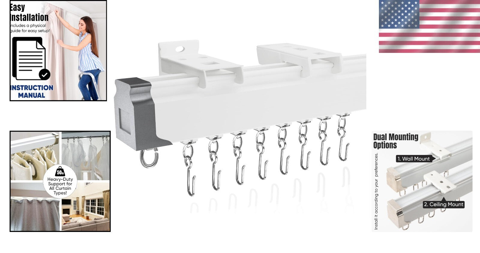 Elegant Ceiling or Wall Mount Curtain Track - Adjustable 3ft-13ft with 34 Hooks