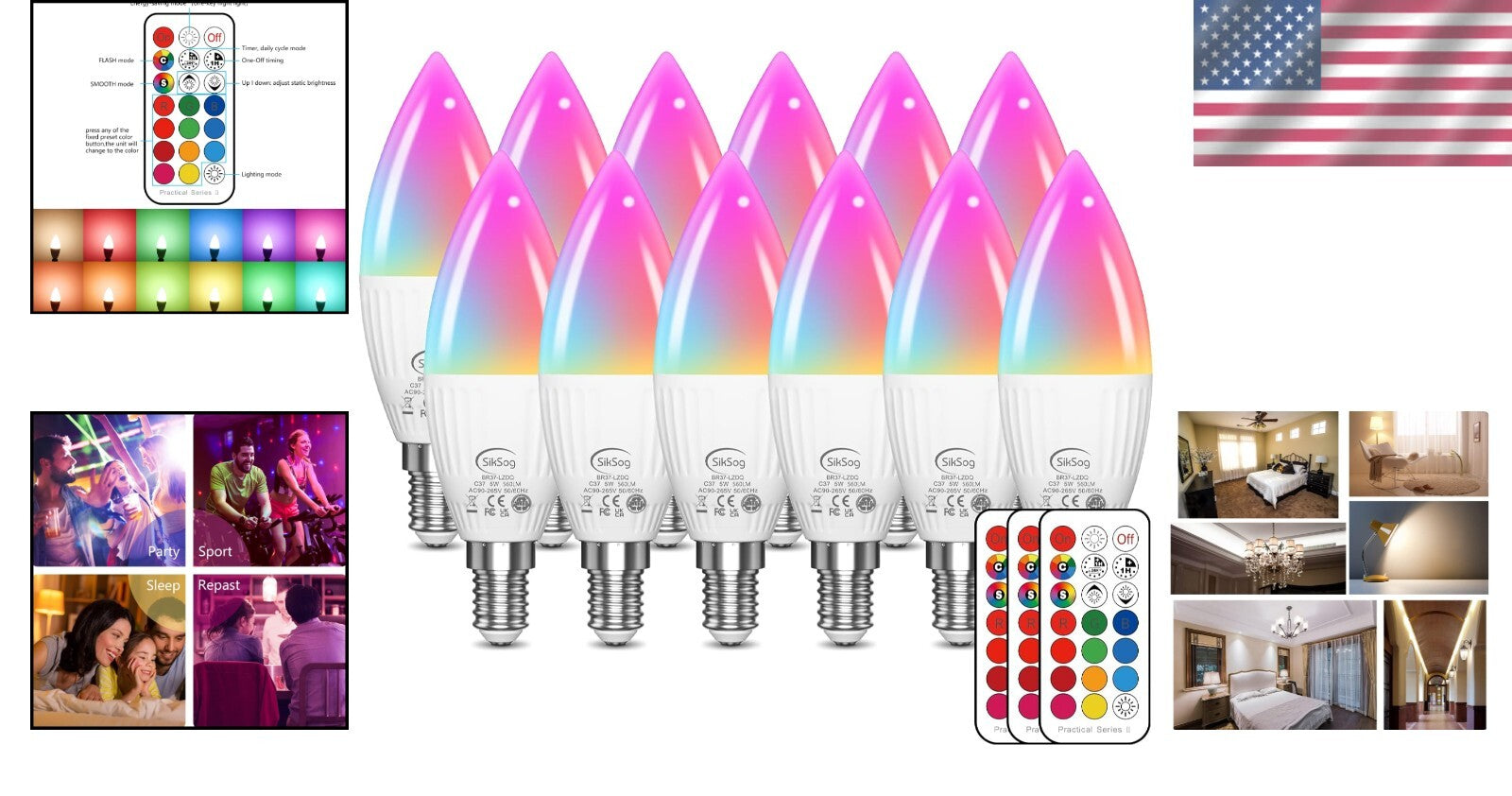 12-Pack Color Changing E12 LED Candelabra Bulbs with Remote Control - 560 Lumens