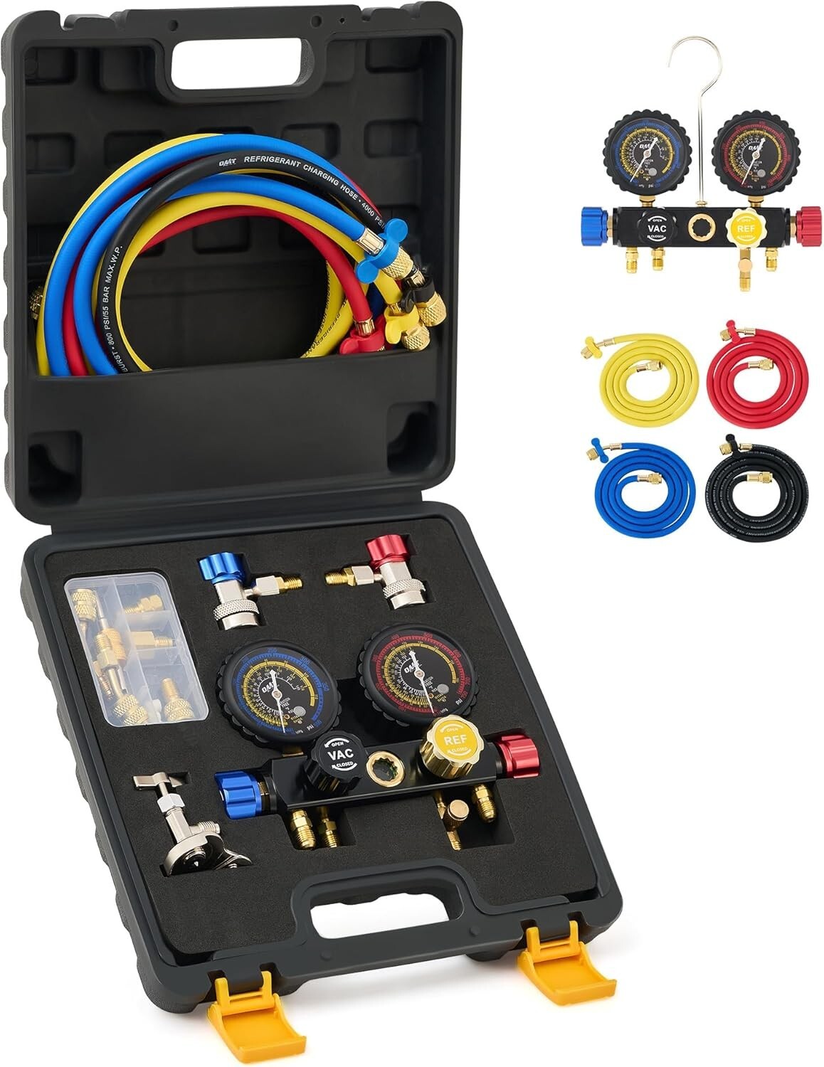 Professional AC Gauge Set: Color-Coded Hoses, Quick Couplers, Moisture Indicator