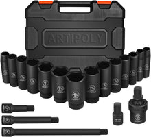 Load image into Gallery viewer, Professional 19-Piece SAE Deep Impact Socket Set with Extension Bars &amp; Adapters