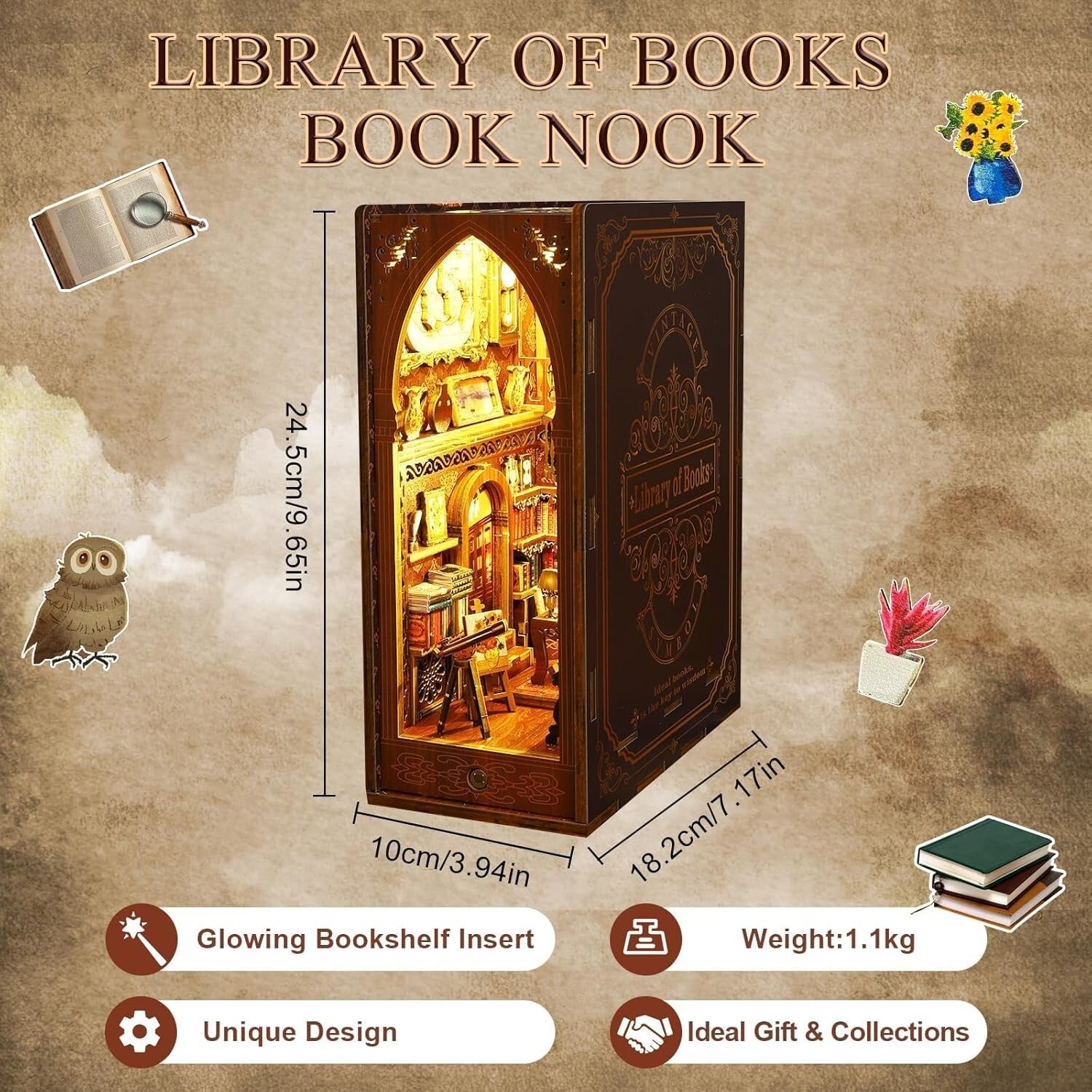 Elegant Library-Themed Book Nook Kit - LED Light & Wooden Puzzle Edition