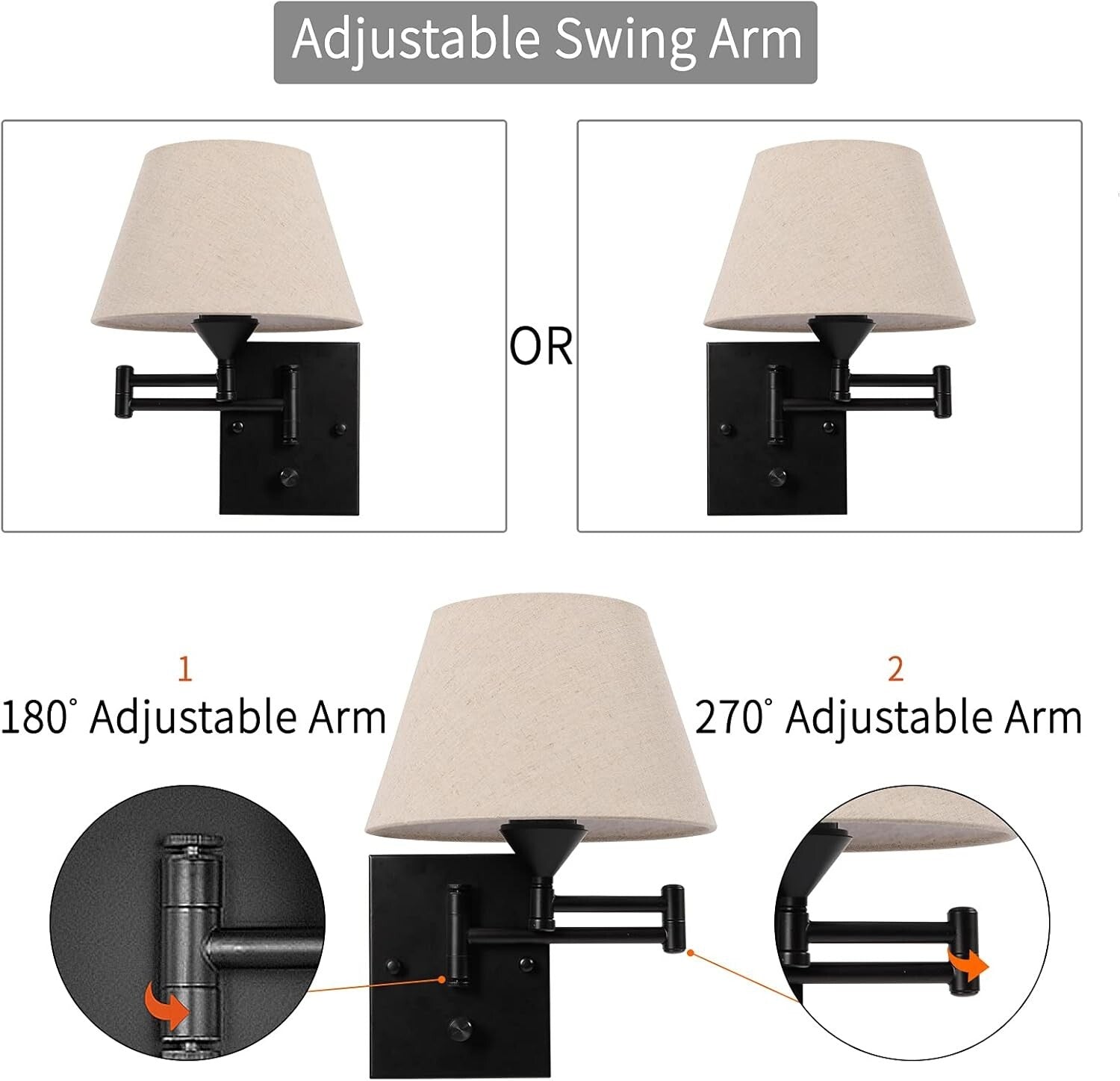 Elegant Plug-In Wall Sconce Set of 2 with Adjustable Swing Arm & Fabric Shade