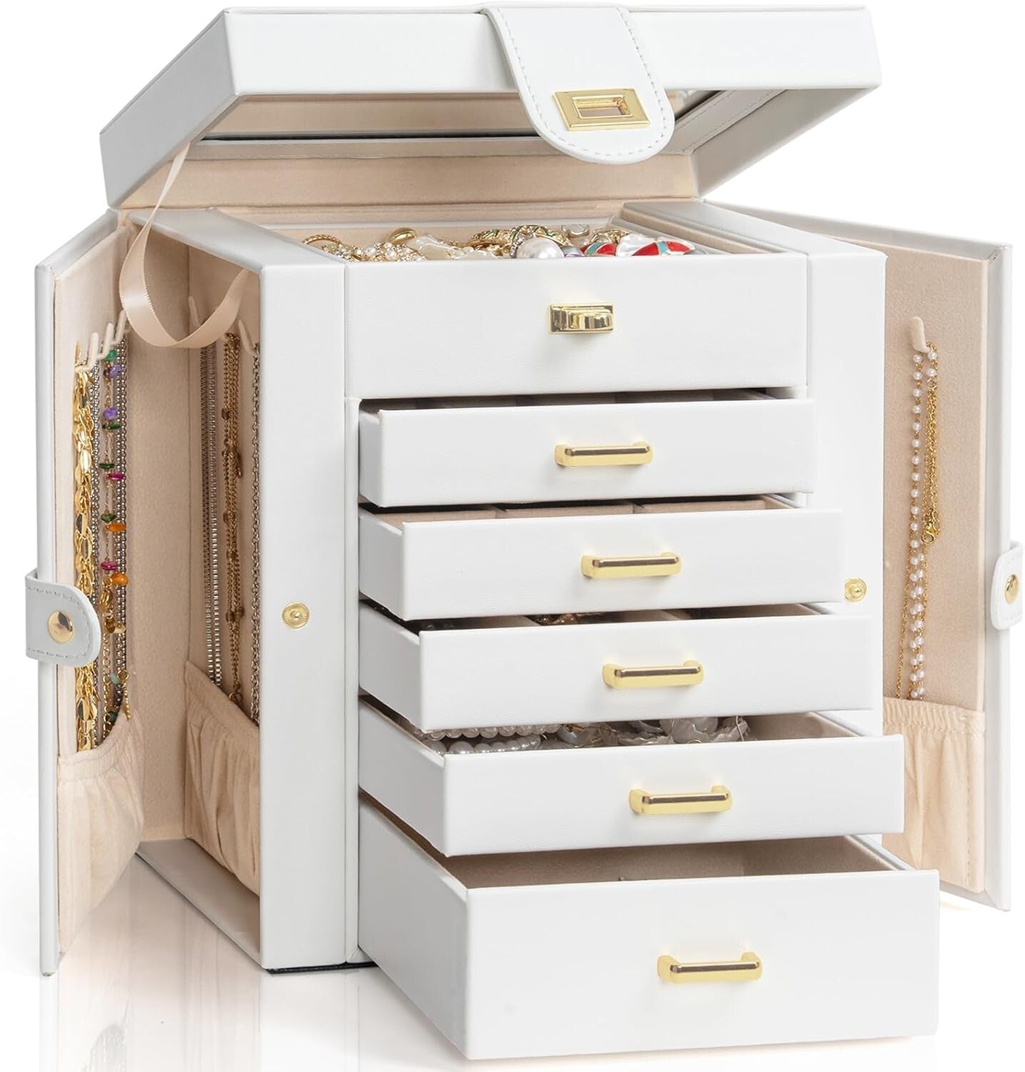 Stylish White Jewelry Box with 5 Drawers & Mirror - Ideal for Rings & Necklaces