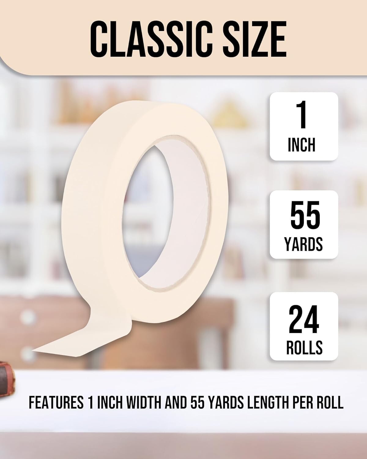 Durable 1 Inch Beige Masking Tape - 24 Rolls of 55 Yards Each for Versatile Use