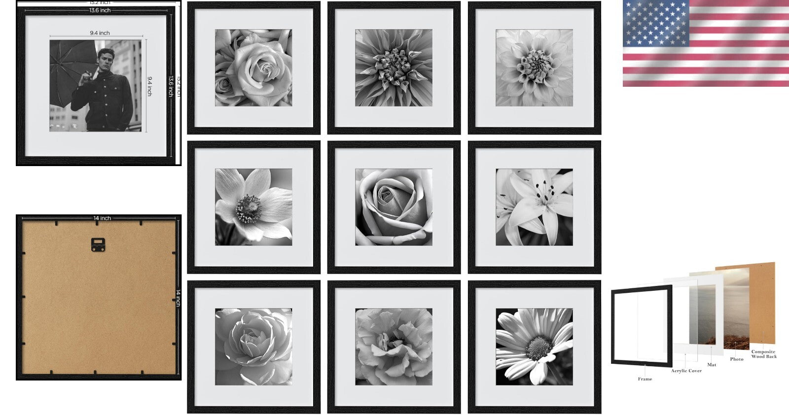 Elegant Black Picture Frame Set for 14x14 and 10x10 Photos - Collage Decor